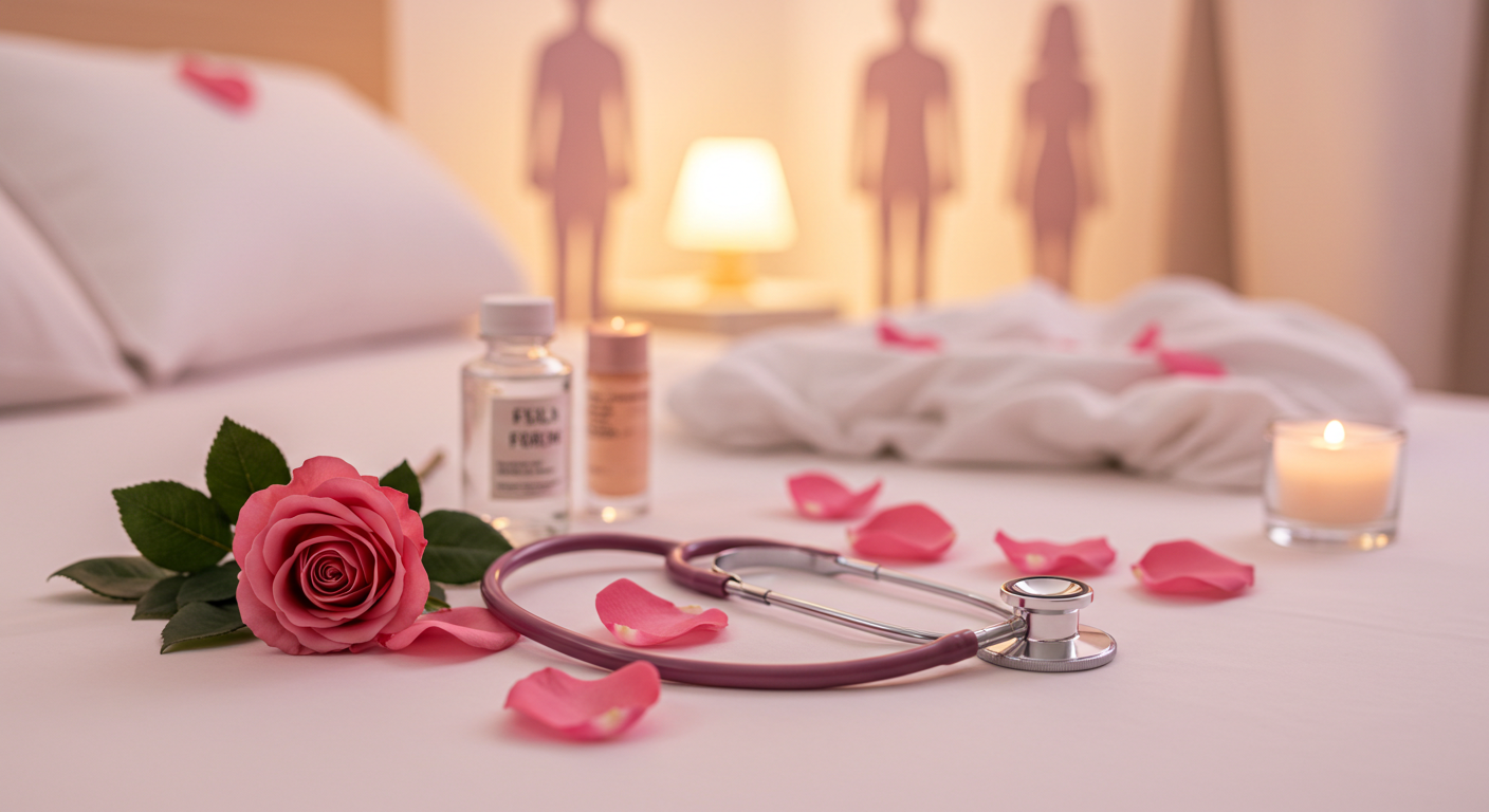 A symbolic and soothing visual representing sexual health, with soft lighting, rose petals, and gentle medical elements in a calm setting.